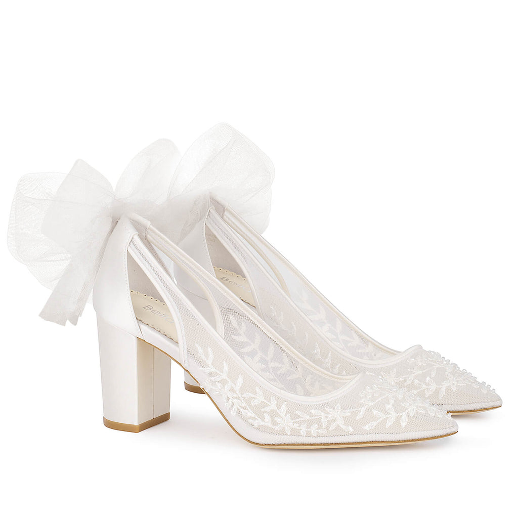 Slingback Block Heel Wedding Shoes with Tulle Bow