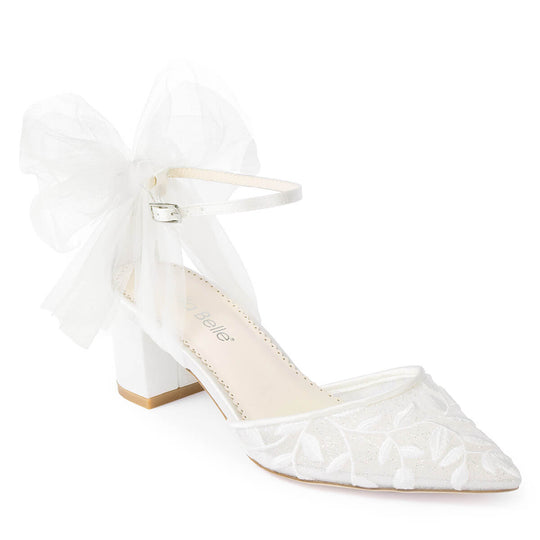 Bella Belle Shoes Joelle Lace Embroidered 2 Inch Block Heels with Tulle Bow