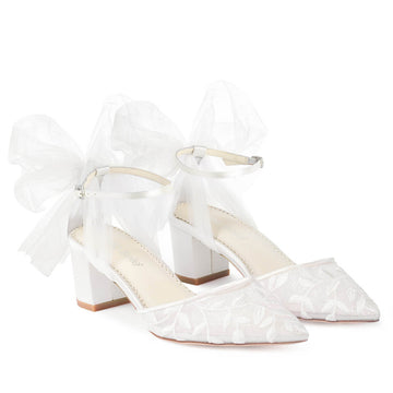 Bella Belle Shoes Joelle Lace Embroidered 2 Inch Block Heels with Tulle Bow
