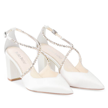 Bella Belle Shoes Massie Ivory Block Heel With Criss Cross Crystal Straps