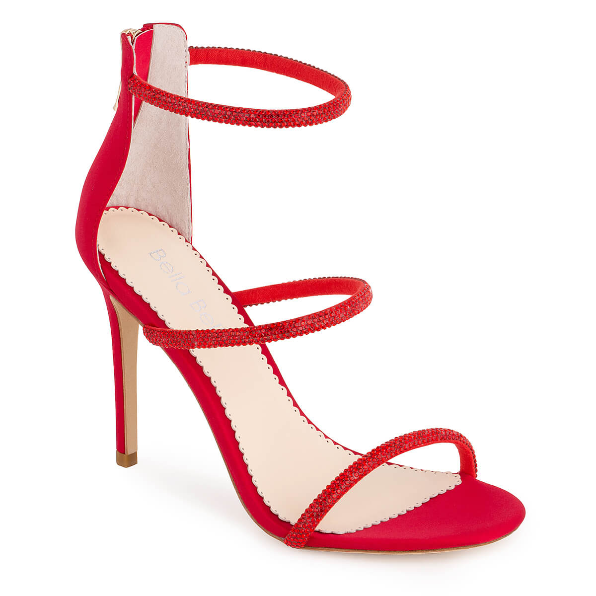 Crystal Embellished Zip-Up Red Strappy Heels | Bella Belle