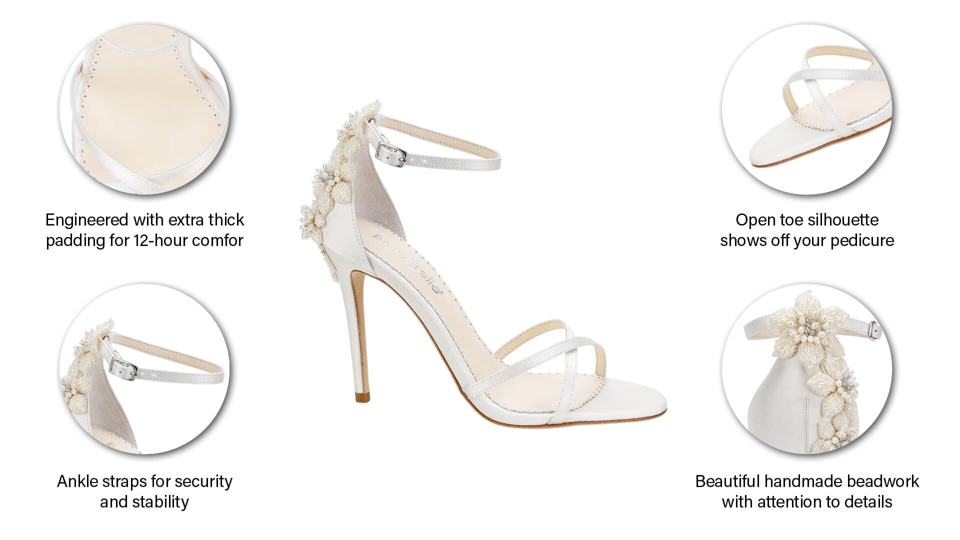 3D Floral Sculpture Ankle Strap Ivory Heels with Pearls