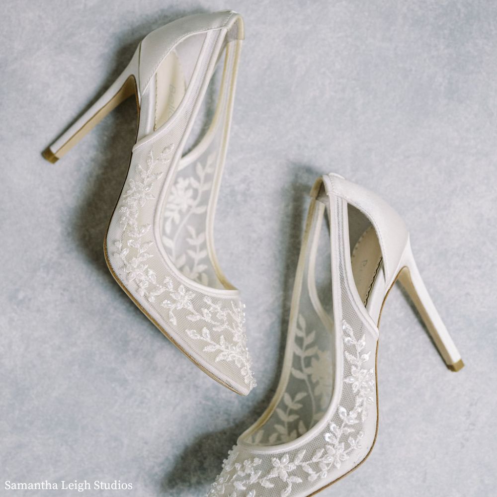 High Heel Lace Beaded Wedding Shoes with Removable Bow