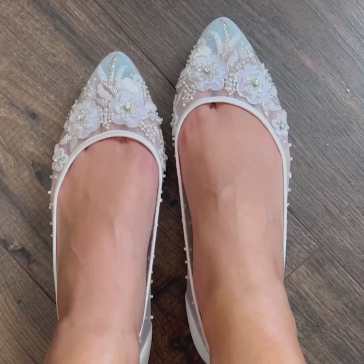 Transparent Beaded Cinderella Flats with Blue Insole