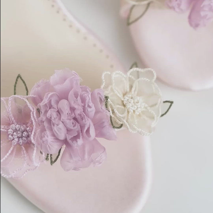 Blush Block Heels with 3D Flowers for Garden Weddings