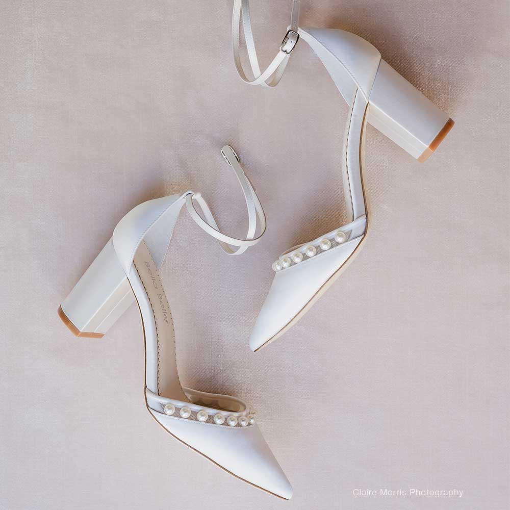 Perfect Bridal Carrie Blue Satin Pearl Block Heel Sandals