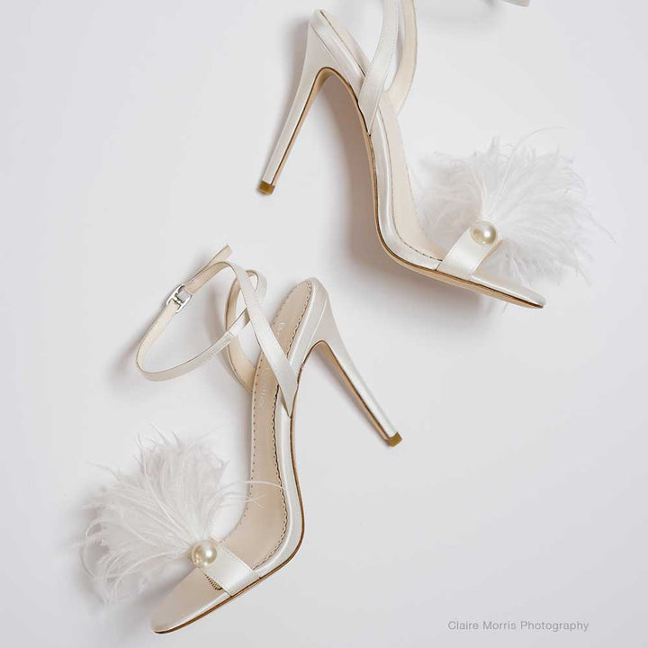 Double Ankle Strap Bridal Shoes with Feathers Bella Belle