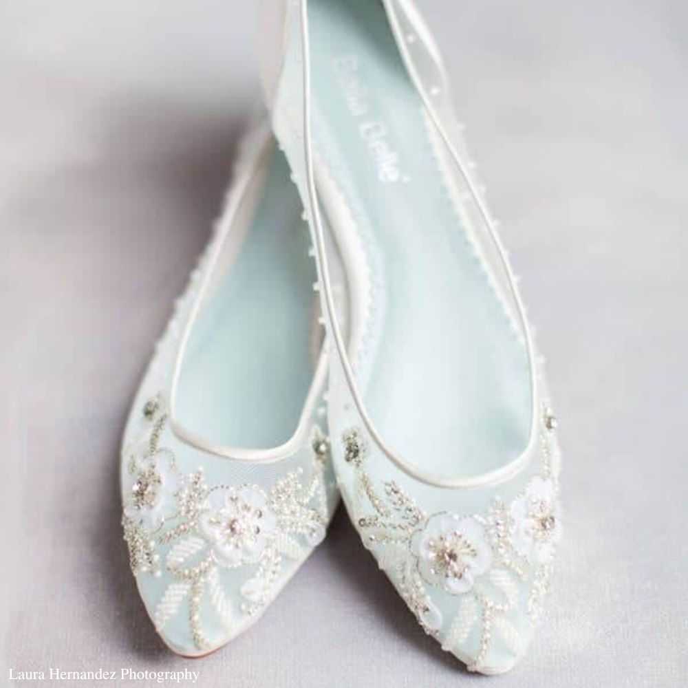 Transparent Beaded Cinderella Flats with Blue Insole
