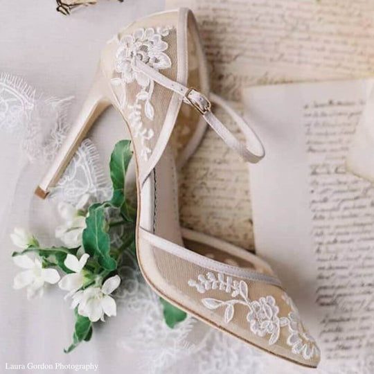 Vintage Satin Wedding Shoes 3 Inch Stiletto Heels Embroidered Lace