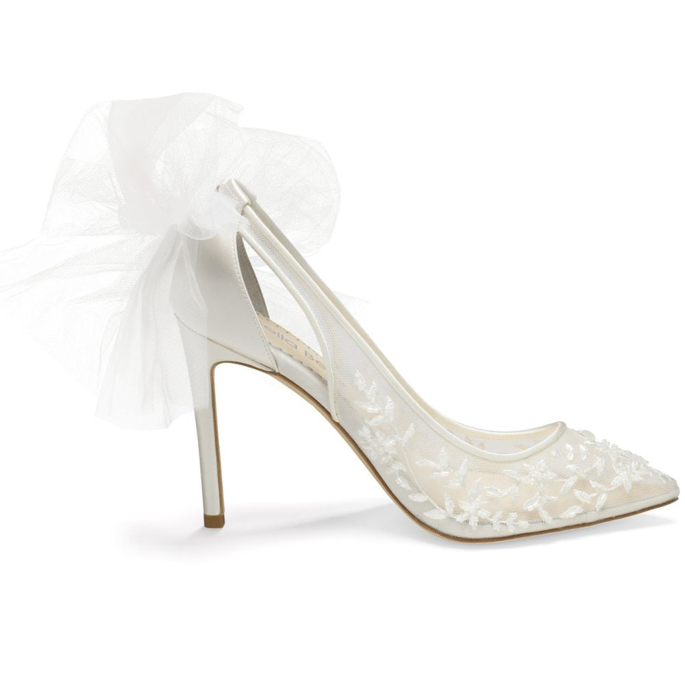 High Heel Lace Beaded Wedding Shoes with Removable Bow