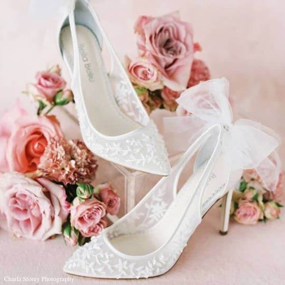 High Heel Lace Beaded Wedding Shoes with Removable Bow