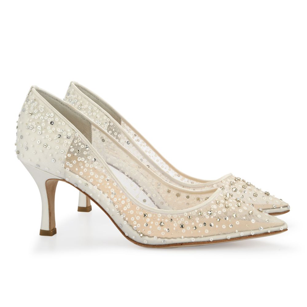 Charlotte Mills - Immy - Pearl Encrusted Bridal Low Block Heel | The White  Collection