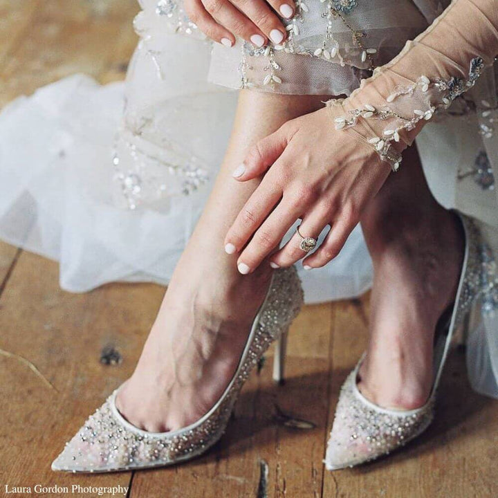 Ivory Sequin Low Heel Wedding Shoes - Sparkly Kitten Heels