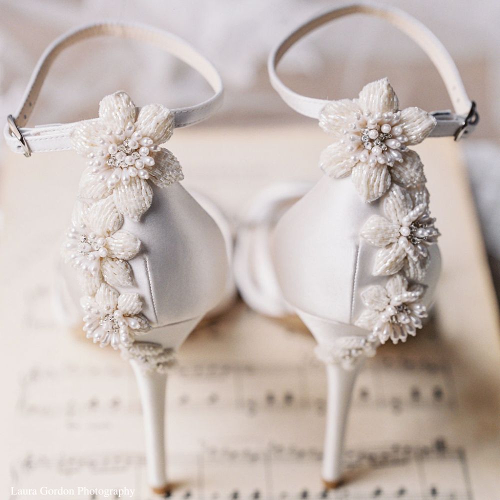 3D Floral Sculpture Ankle Strap Ivory Heels with Pearls