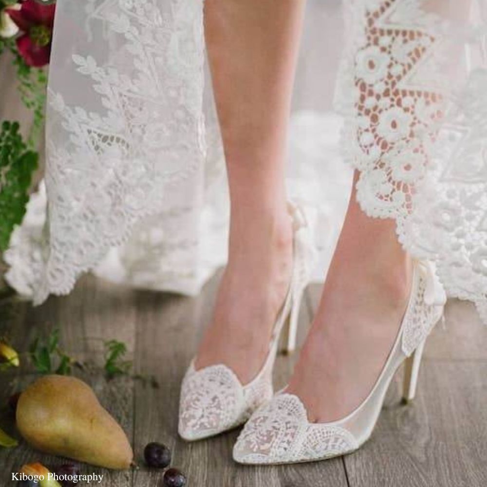 Ivory Lace Boho Wedding Heels with Ribbon Tie | Bella Belle
