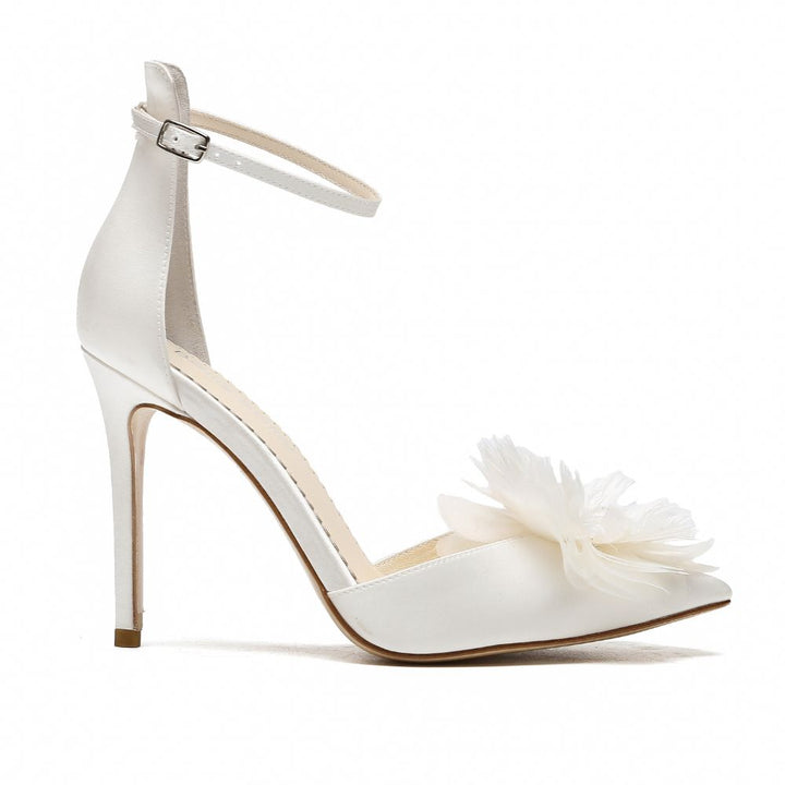 White ruffle shops heels