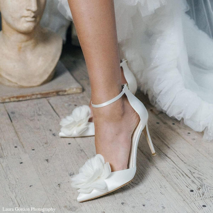 Ivory Ruffled Chiffon Flower Heels, Harlow | Bella Belle