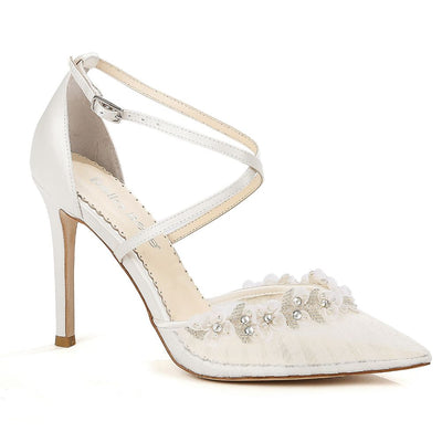 Pleated Tulle Heel Crystal Flower Bridal Shoes | Bella Belle