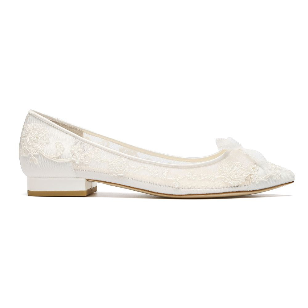 Floral Ivory Lace Flats for Brides with Petite Picot Ribbon