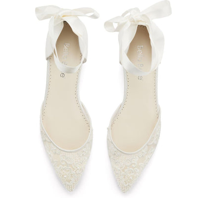 Ankle Tie Lace Flats for Wedding with Pearls | Bella Belle