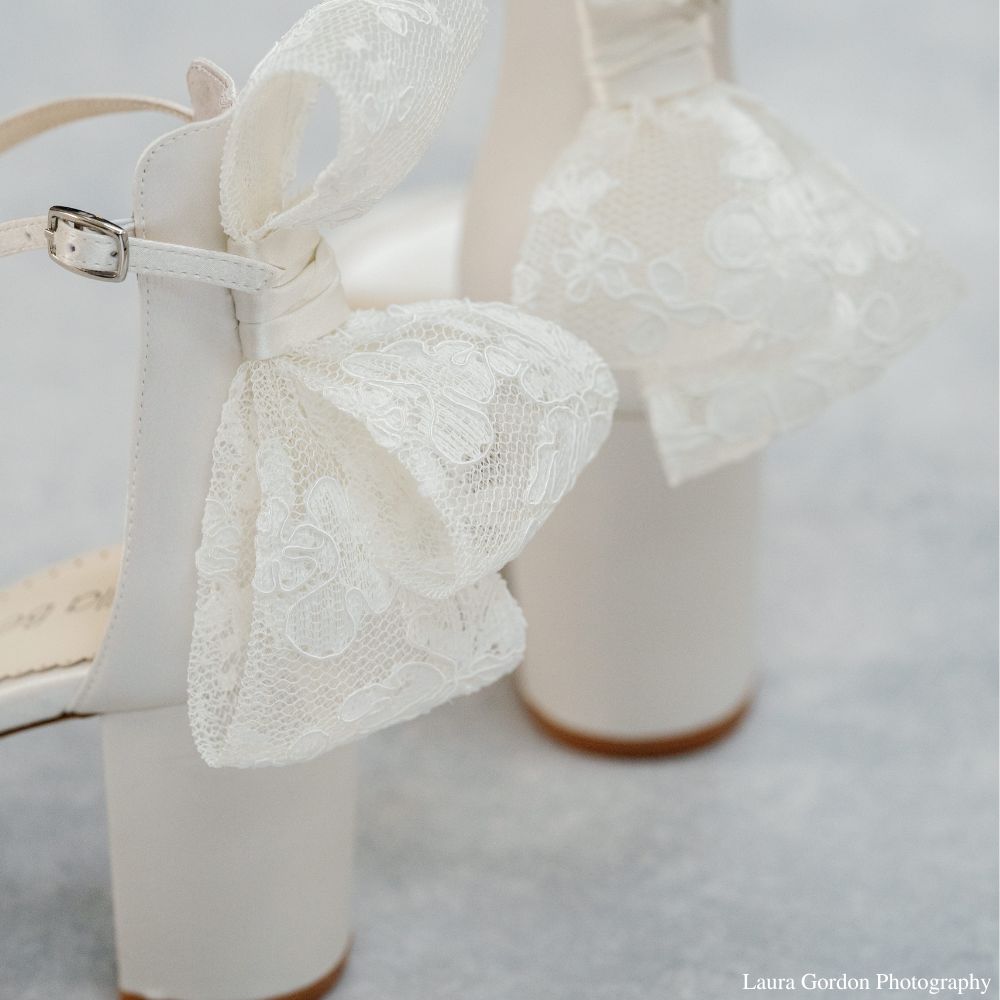 Ivory Lace Boho Wedding Heels with Ribbon Tie | Bella Belle