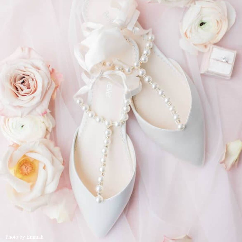 Ivory T-Strap Pearl Kitten Heels with Ankle Tie Bow