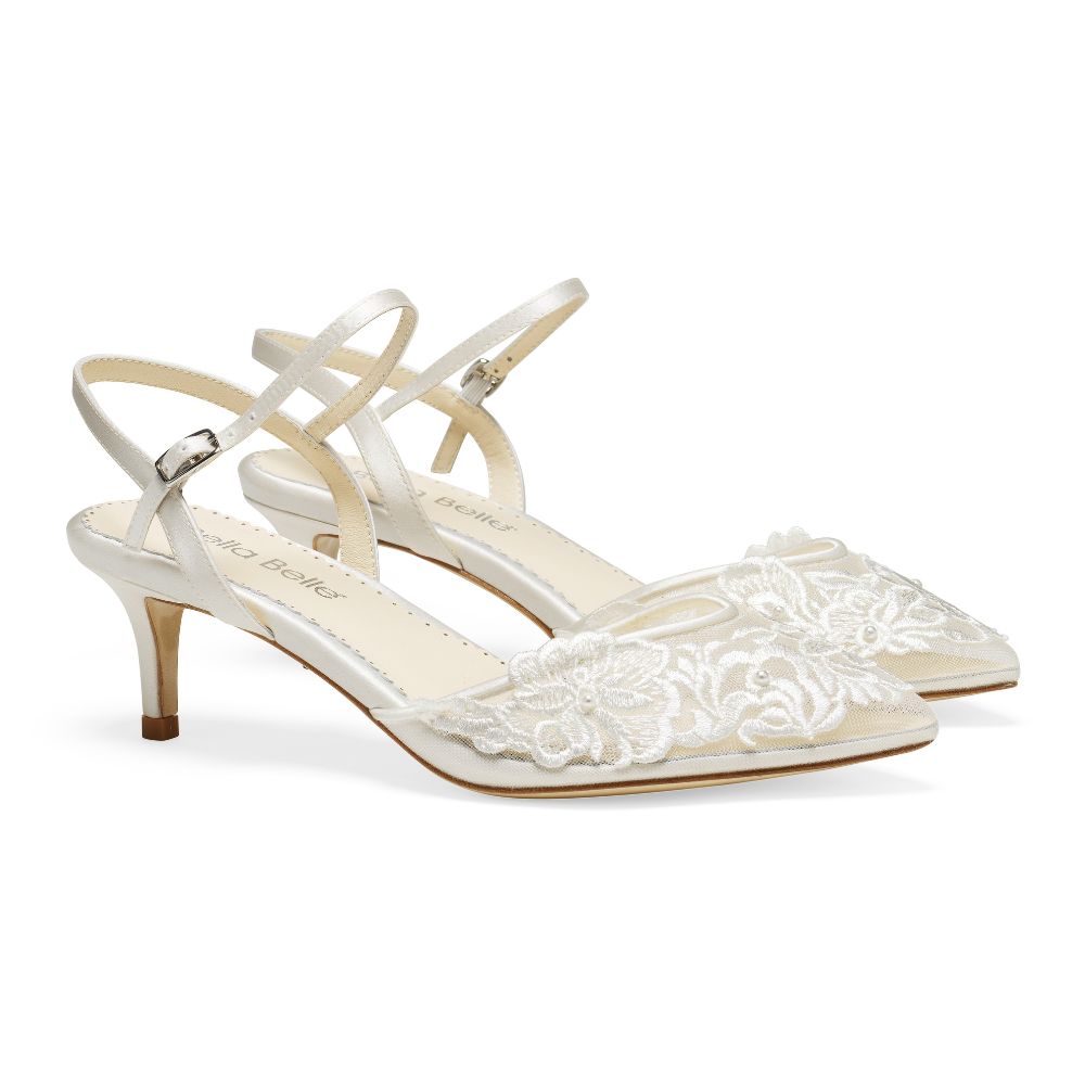 Floral Lace Low Heel Shoes with Ankle Cross Straps