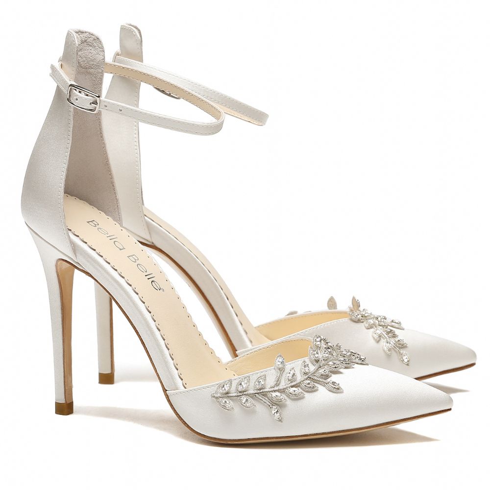 3D Floral Sculpture Ankle Strap Ivory Heels with Pearls