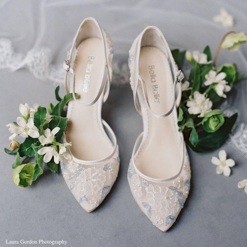 Block Heel Ivory Wedding Shoes with Blue leaves & ivory Buds