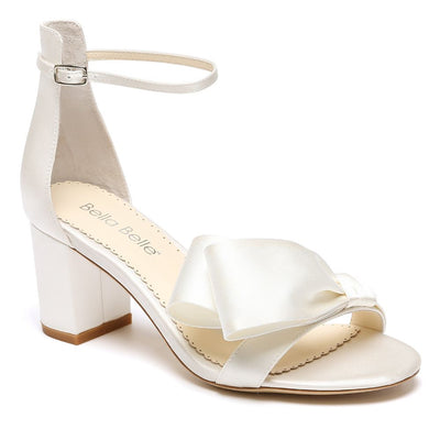 Ivory Block Heel Wedding Shoes with Asymmetrical Bow - Zoya